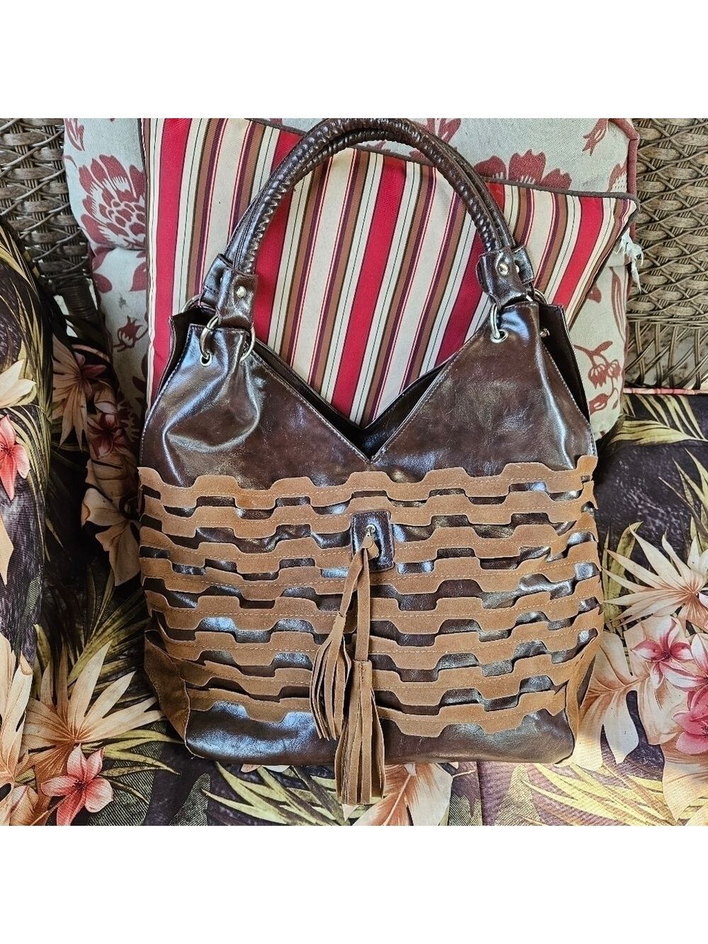 Brown with Accented Suede Faux Leather Shoulder Bag